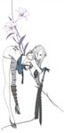  1girl arched_back asymmetrical_clothes asymmetrical_hair bad_proportions bandages chain d.k flower full_body hair_ornament high_heels highres kaine_(nier) legs lingerie long_hair narrow_waist nier nier_(series) official_art photoshop_(medium) shoes simple_background solo standing sword thighhighs underwear weapon 