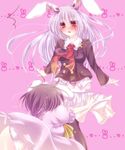  animal_ears assisted_exposure black_hair black_legwear blush breasts brown_eyes bunny_ears fetefeteli inaba_tewi large_breasts long_hair multiple_girls necktie panties pantyshot purple_hair reisen_udongein_inaba short_hair skirt skirt_pull striped striped_panties thighhighs touhou tripping underwear white_panties 