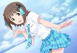  :d \||/ amami_haruka bangs black_bow blue_neckwear blue_ribbon blue_skirt blue_sky bow breasts brown_hair cloud cloudy_sky collared_shirt commentary_request cowboy_shot day dress_shirt green_eyes hair_bow hair_ribbon hand_up horizon idolmaster idolmaster_(classic) issei jpeg_artifacts leaning_forward looking_at_viewer loose_necktie medium_breasts miniskirt necktie ocean open_mouth outdoors plaid plaid_ribbon plaid_skirt pleated_skirt ribbon rough_time_school school_uniform shirt shirt_tucked_in short_hair short_sleeves skirt sky smile solo standing tareme w white_shirt wing_collar 
