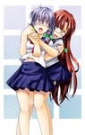  alternate_costume alto-00 bespectacled braid contemporary glasses highres hong_meiling hug hug_from_behind izayoi_sakuya long_hair multiple_girls open_mouth red_eyes red_hair school_uniform serafuku short_hair silver_hair surprised touhou twin_braids 