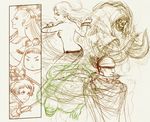  4girls back barbariccia cagnazzo child cindy_magus cocura everyone final_fantasy final_fantasy_iv knife magus_sisters mindy_magus monochrome monster multiple_girls ponytail rubicante sandy_magus scarmiglione siblings sisters sketch 