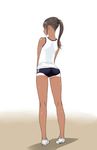  brown_hair buruma dark_skin from_behind full_body gym_uniform kneepits original pigeon-toed poin ponytail shoes shorts_tan simple_background solo standing tan tanline 