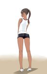  ass brown_hair buruma dark_skin from_behind full_body gym_uniform kneepits legs original pigeon-toed poin ponytail shoes simple_background solo standing tan 