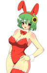  animal_ears bad_id bad_pixiv_id bare_legs breasts bunny_ears bunny_girl bunnysuit cleavage flower garter_belt green_hair huge_breasts kazami_yuuka kyokutou_hentai_samurai red_eyes short_hair smile solo sunflower thick_thighs thighs touhou 
