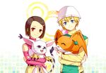  1girl blonde_hair blue_eyes brown_hair digimon digimon_adventure_02 gloves green_shirt hair_ornament hairclip hat heiyi monster patamon shirt short_hair smile tail tailmon takaishi_takeru yagami_hikari 