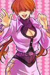  breasts cleavage cleavage_cutout cropped_jacket earrings hair_over_eyes heart heart_earrings jewelry large_breasts leotard lipstick long_hair makeup miniskirt nail_polish oboroyu red_hair shermie skirt smile solo split_ponytail the_king_of_fighters twintails 