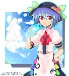  :&lt; alternate_hair_length alternate_hairstyle bad_id bad_pixiv_id blue_hair bottle food fruit hand_on_hip hat highres hinanawi_tenshi holding peach red_eyes shibatenko short_hair solo staring touhou water_bottle 