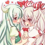  ayase_non bad_id bad_pixiv_id blush ex-keine fujiwara_no_mokou heart horns kamishirasawa_keine long_hair multiple_girls ribbon saliva touhou wrist_grab yuri 