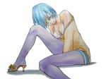  absurdres bad_id bad_pixiv_id blue_eyes blue_hair blue_legwear breasts copyright_request high_heels highres legs legwear_under_shorts medium_breasts one_eye_closed pantyhose shoes shon_bori short_hair shorts simple_background solo 