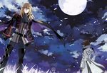  asbel_lhant back black_gloves blonde_hair blue_background boots brown_hair cloud coat cravat field full_moon gloves long_hair male_focus moon multiple_boys night night_sky outdoors red_eyes richard_(tales) sky standing starshadowmagician tales_of_(series) tales_of_graces thigh_boots thighhighs 