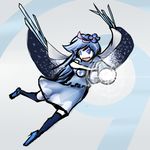  1girl arm_cannon blue_eyes blue_hair cape cirno flower hair_flower hair_ornament if_they_mated long_hair reiuji_utsuho solo thighhighs touhou tren weapon wings 