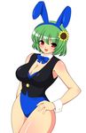  animal_ears bad_id bad_pixiv_id bare_legs breasts bunny_ears bunny_girl bunnysuit cleavage flower green_hair huge_breasts kazami_yuuka kyokutou_hentai_samurai red_eyes short_hair smile solo sunflower thick_thighs thighs touhou 