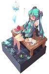  aqua_hair arm_support barefoot cat closed_eyes detached_sleeves dock faux_figurine food frog fruit full_body hatsune_miku headphones headset highres isometric long_hair necktie roke shade simple_background sitting skirt soaking_feet solo summer twintails vocaloid water watermelon wind_chime 