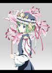  blue_eyes flower frills gradient gradient_background green_hair grey_background hat letterboxed lily_(flower) oumi_(rsag) rod_of_remorse shiki_eiki short_hair simple_background solo touhou wide_sleeves 
