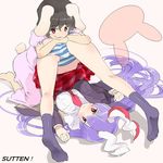  animal_ears barefoot black_hair blazer feet grin highres inaba_tewi jacket kneeling kneepits legs legs_over_head long_hair lying multiple_girls navel necktie on_back panties pink_eyes purple_hair puuakachan red_eyes reisen_udongein_inaba short_hair skirt smile socks striped striped_panties tail touhou underwear upside-down very_long_hair 