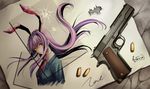  animal_ears bad_id bad_pixiv_id blazer bullet bullet_hole bunny_ears cartridge gun handgun hole jacket long_hair m1911 necktie paper pistol purple_hair reisen_udongein_inaba solo tidsean touhou weapon 