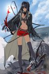  black_hair blood blue_eyes dragon jpeg_artifacts knife legs long_coat long_hair original shorts solo sword thighhighs weapon 