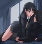  1girl amagami arm_support assertive ayatsuji_tsukasa black_eyes black_hair black_jacket girl_on_top jacket kibito_high_school_uniform long_sleeves pinkwaters school_uniform tachibana_jun'ichi you_gonna_get_raped 