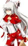  bell blush capelet christmas fori fujiwara_no_mokou hair_ribbon long_hair mittens red_eyes ribbon silver_hair solo suspenders touhou very_long_hair 