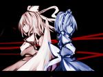  back-to-back expressionless gengetsu hair_ribbon letterboxed maid_headdress monochrome mr.milk_caramel mugetsu multiple_girls ribbon siblings sisters touhou touhou_(pc-98) 