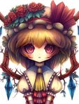  alternate_wings blonde_hair child flandre_scarlet flower hat leaf red_eyes sanntouhei smile solo touhou v_arms wings wood 