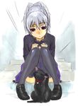  animal ashiomi_masato bell bell_collar between_legs black_cat cat cat_between_legs collar darker_than_black dress knees_together_feet_apart loafers mao_(darker_than_black) purple_eyes scratching shoes silver_hair sitting solo stairs thighhighs yin 