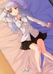  angel_beats! bad_id bad_pixiv_id barefoot bed from_above hareno_chiame highres long_hair looking_up school_uniform silver_hair solo tenshi_(angel_beats!) yellow_eyes 