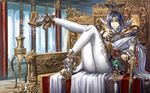  armor bare_shoulders belt censer chinese_clothes dragon hat incense jewelry knees_up leaning_back leg_up legs mian_guan one_eye_closed original ran'ou_(tamago_no_kimi) sheath sitting smoke solo sword thighs throne wallpaper weapon yellow_eyes 