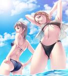  armpits arms_behind_head ass bad_id bad_pixiv_id bikini blonde_hair blue_eyes breasts butt_crack cloud condensation_trail day from_below front-tie_top highres lens_flare medium_breasts multiple_girls navel o-ring o-ring_bottom original outdoors rezi sky stretch swimsuit underboob wading water wet 