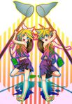  1girl aqua_eyes bad_id bad_pixiv_id barefoot blonde_hair brother_and_sister butterfly_net hair_ornament hair_ribbon hairclip hand_net hat highres kagamine_len kagamine_rin open_mouth ribbon short_hair shorts siblings straw_hat supaidaman tank_top twins vocaloid 