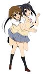  animal_ears black_hair brown_eyes brown_hair cat_ears hirasawa_yui hug hug_from_behind inui_sekihiko k-on! legs long_hair multiple_girls nakano_azusa neck_ribbon paw_pose red_ribbon ribbon school_uniform short_hair twintails 