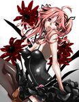  bare_shoulders belt black_dress dress fangs fishnets flower frills head_tilt kmikan lace latex lipstick long_hair makeup pink_eyes pink_hair shiki shimizu_megumi solo thighhighs twintails zettai_ryouiki zipper 