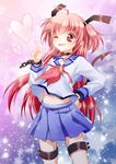  angel_beats! hand_on_hip index_finger_raised long_hair mauve navel one_eye_closed pink_hair red_eyes school_uniform serafuku smirk solo tail thigh_strap two_side_up yui_(angel_beats!) 