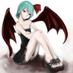  alternate_hair_color aqua_hair bare_shoulders bat_wings black_dress casual dress goichi grin hair_ribbon head_tilt legs platform_footwear platform_heels red_eyes remilia_scarlet ribbon sandals sitting smile solo strap_slip touhou wings 