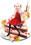  arm_support bad_id bad_pixiv_id blonde_hair blueberry cake cherry dress eating food fork fruit ice_cream in_food khj kiwifruit long_hair minigirl open_mouth original pantyhose plate red_dress sitting solo strawberry 