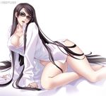  bayonetta bayonetta_(character) black_hair bottomless breasts carnelian cleavage dress_shirt glasses hair_down large_breasts legs lips long_hair mole mole_under_mouth naked_shirt shirt solo sunglasses very_long_hair 