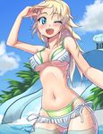  bikini blonde_hair blush curvy fringe_trim green_bikini green_eyes hoshii_miki idolmaster idolmaster_(classic) layered_bikini long_hair maru_(sara_duke) navel one_eye_closed open_mouth partially_submerged side-tie_bikini slender solo swimsuit water_slide wet white_bikini 