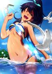  animal bikini bird black_hair blue_eyes blush bow bowtie day face ganaha_hibiki highres idolmaster idolmaster_(classic) midriff navel one_eye_closed pettan_p ponytail seagull solo swimsuit wading water 