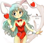  animal_ears bunny_ears bunnysuit fishnet_pantyhose fishnets green_eyes green_hair heart hiyopuko long_hair original pantyhose solo 