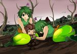  2girls ass bad_id bad_pixiv_id brown_hair flower gloves green_eyes green_hair green_legwear lloyd_irving mud multiple_girls name_john pantyhose sky tales_of_(series) 