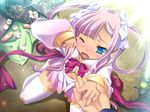  artist_request blue_eyes blush food game_cg holding_hands kneeling koihime_musou long_hair midriff navel one_eye_closed out_of_frame pink_hair ribbon solo_focus sonshoukou tears thighhighs torn_clothes twintails very_long_hair 