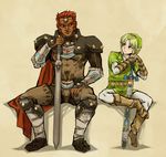  armor bad_id bad_pixiv_id blonde_hair blue_eyes cape ganondorf gerudo gloves hakobe_(ichiru) hat link male_focus master_sword multiple_boys red_eyes red_hair smile sword the_legend_of_zelda the_legend_of_zelda:_ocarina_of_time weapon 