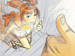  bad_id bad_pixiv_id bow brown_hair dress green_eyes grin idolmaster idolmaster_(classic) looking_up pocchom running sketch smile solo takatsuki_yayoi thumbs_up twintails 