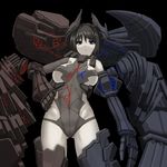  :&lt; black_eyes black_hair breasts character_request grey_skin hand_on_hip large_breasts mecha_musume original simple_background solo thighhighs tro underboob 