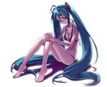  aqua0721cn aqua_eyes aqua_hair barefoot bikini breasts cleavage hands_clasped hatsune_miku legs long_hair medium_breasts navel own_hands_together side-tie_bikini sitting skinny solo swimsuit twintails very_long_hair vocaloid 