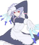 apron between_fingers bow braid fighting_stance flat_color foreshortening gloves hair_bow haruichi izayoi_sakuya knife lavender_hair maid maid_headdress red_eyes solo touhou transparent twin_braids white_gloves 