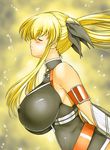  bad_id bad_pixiv_id bare_shoulders belt blonde_hair blush bow breasts closed_eyes cosplay covered_nipples fate_testarossa fate_testarossa_(cosplay) hair_bow huge_breasts impossible_clothes impossible_shirt kamia_(not_found) long_hair lyrical_nanoha mahou_shoujo_lyrical_nanoha_strikers matsuoka_kiyone original shirt skin_tight solo 