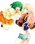  blonde_hair blue_eyes butt_crack gen_(enji) green_hair hand_on_another's_face highres long_hair macross macross_frontier multiple_girls open_mouth orange_skirt ranka_lee red_eyes sheryl_nome short_hair shorts skirt smile thighhighs 