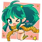  &gt;_o 2010 ahoge animal_print bikini chibi fang green_eyes green_hair hahifuhe happy_new_year heart horns long_hair lum navel new_year one_eye_closed pointy_ears scarf solo star swimsuit tiger_print urusei_yatsura 