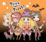  3girls amoretta_virgine angel angel_wings animal_ears bare_shoulders bartido_ballentyne basket bat black_background black_cat blonde_hair blue_eyes blush boots candy cat curly_hair dog_ears dress elbow_gloves food glasses gloves gradient gradient_background grey_eyes grey_hair grimgrimoire grin halloween happy hat headdress io_(polastar62) jack-o'-lantern lillet_blan lollipop long_hair margarita_surprise multiple_girls orange_background pantyhose ponytail pumpkin red_eyes short_hair smile star swirl_lollipop tail teeth trick_or_treat wings witch witch_hat 